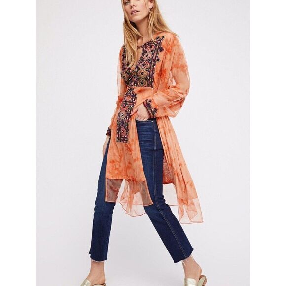 NEW FREE PEOPLE Sz S MARKET PLACE EMBROIDERED EMBELLISHED TUNIC BOHO MAXI TOP - Picture 1 of 4
